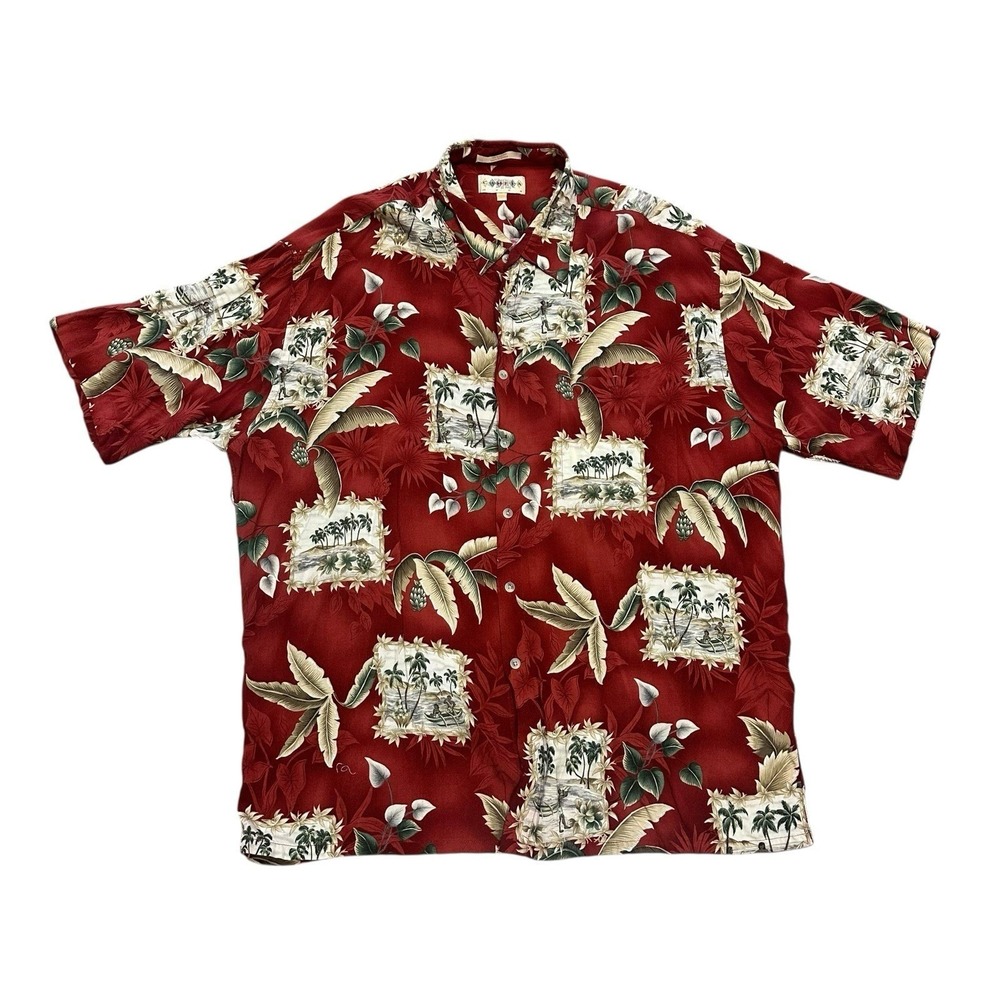 Campia Moda Shirt Mens XXL Burgundy Hawaiian Tropical Palm Tree Print Rayon Camp